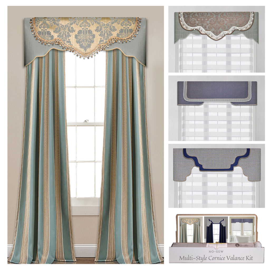 Traceable Desiger DIY multi-style valance kit, no sewing required, includes scalloped, arched and straight window treatment styles, Trace, Cut Out, Iron on Trim and Hang! Designed by Linda Schurr