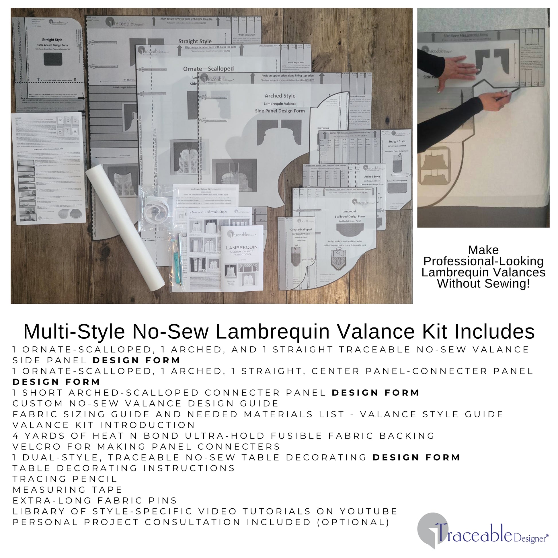 Traceable Designer multi-style no-sew lambrequin valance kit inlcudes traceable valance design forms used to make custom valances without sewing. Use a 1" curtain rod.