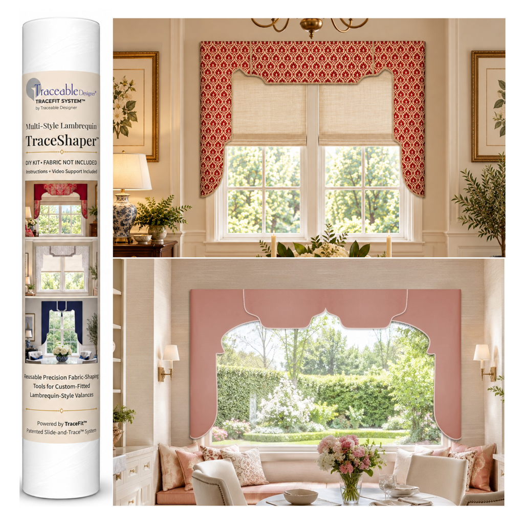 Traceable Designer Multi-Style Lambrequin kit featuring reusable TraceShaper forms for Hampton Straight and Manor Arched fabric window valances.