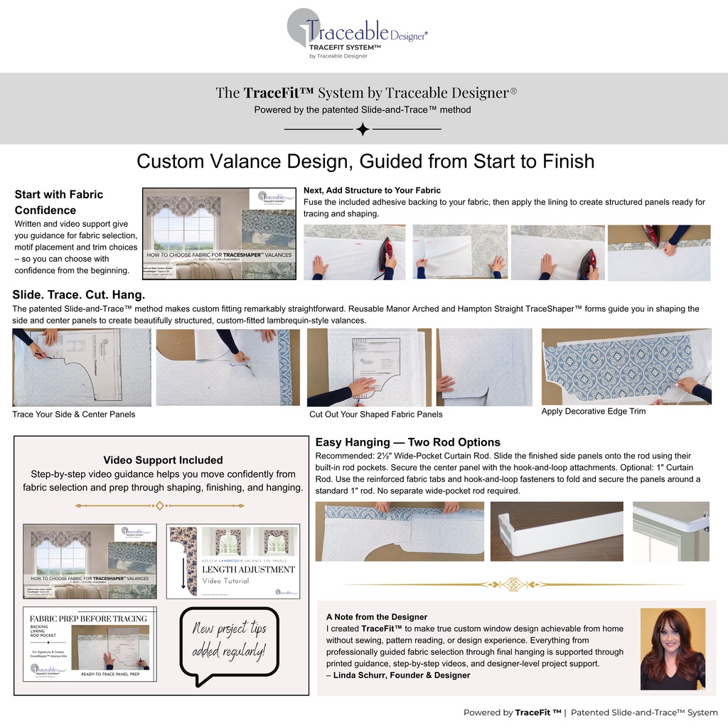 Traceable Designer instructional guide outlining steps for choosing a lambrequin style, measuring, tracing, constructing and installing custom valances.