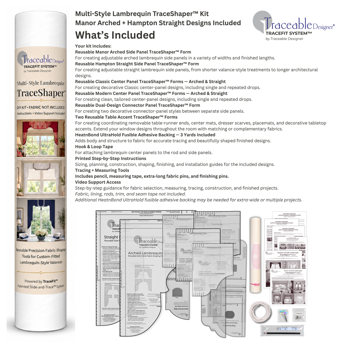 Multi-Style Lambrequin kit contents showing reusable arched and straight TraceShaper forms, two table accent forms, fusible backing, accessories and instructions