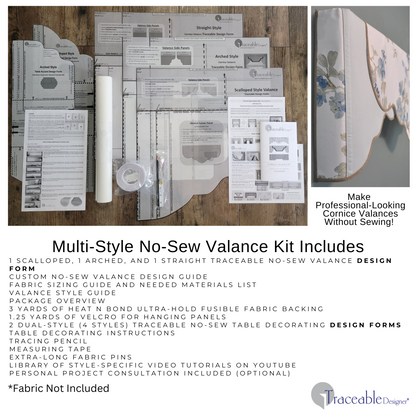 Traceable Designer multi-style style no-sew valance kit. Make scalloped, arched, and straight rod pocket curtains for any room decor. The perfect sewing alternative for DIY custom window projects. Use a standard curtain rod no wood board or Styrofoam base needed.