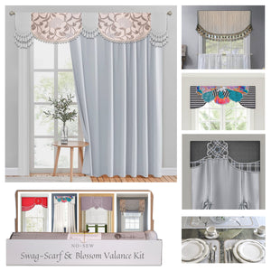 Traceable Designer no-sew swag, scarf & blossom valance kit includes tulip, primrose, wildflower & swag-scarf valance styles. No sewing or DIY experience needed!