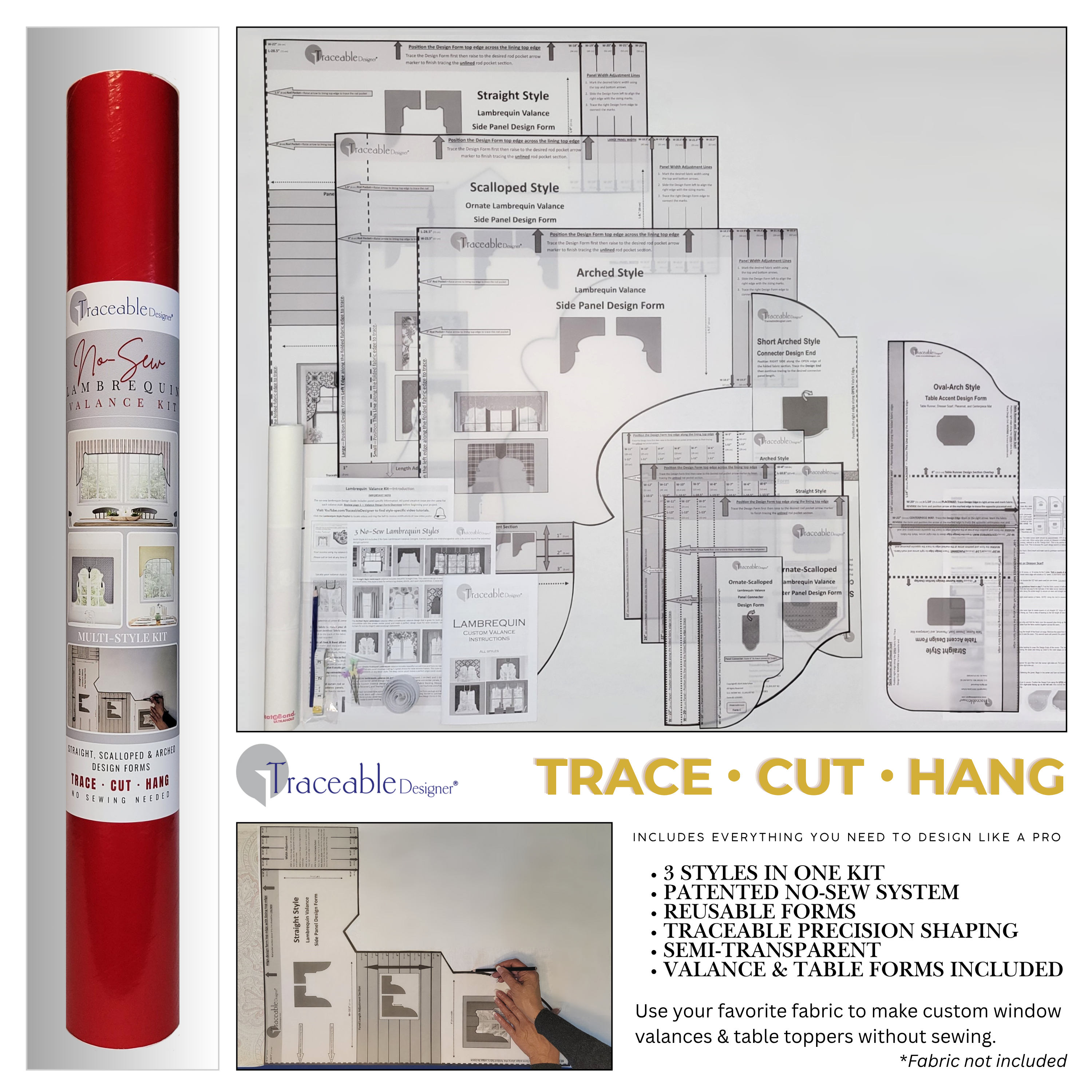 Traceable Designer multi-style lambrequin valance kit. Use patented traceable forms to make custom window treatments without sewing. Lined panels include a rod pocket for hanging on a curtain rod – no wood board or Styrofoam needed. Long room darkening sides. Precision shaping – no sewing needed.