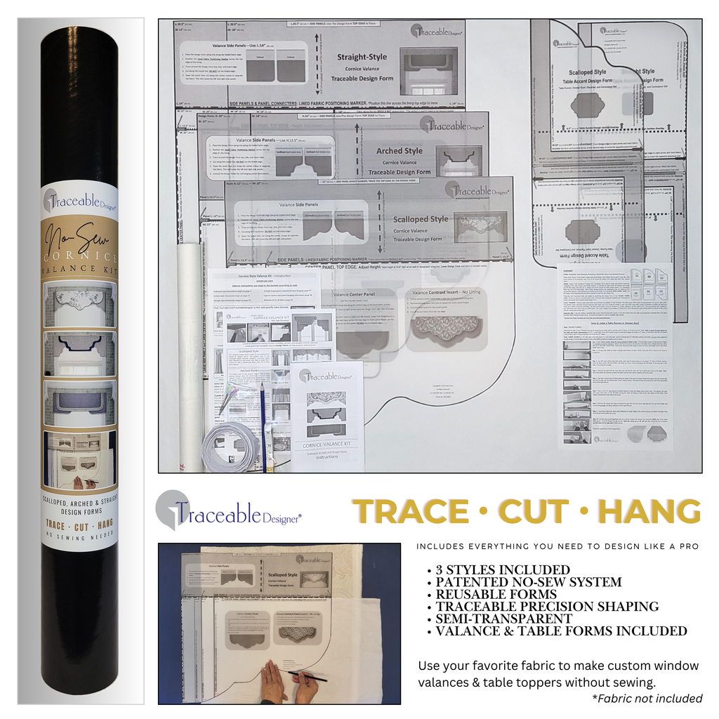 Traceable Designer® multi-style cornice valance kit showing scalloped, arched, and straight cornice valances made using the patented no-sew slide-and-trace and rod-pocket system. Precision shaping –without a sewing machine.