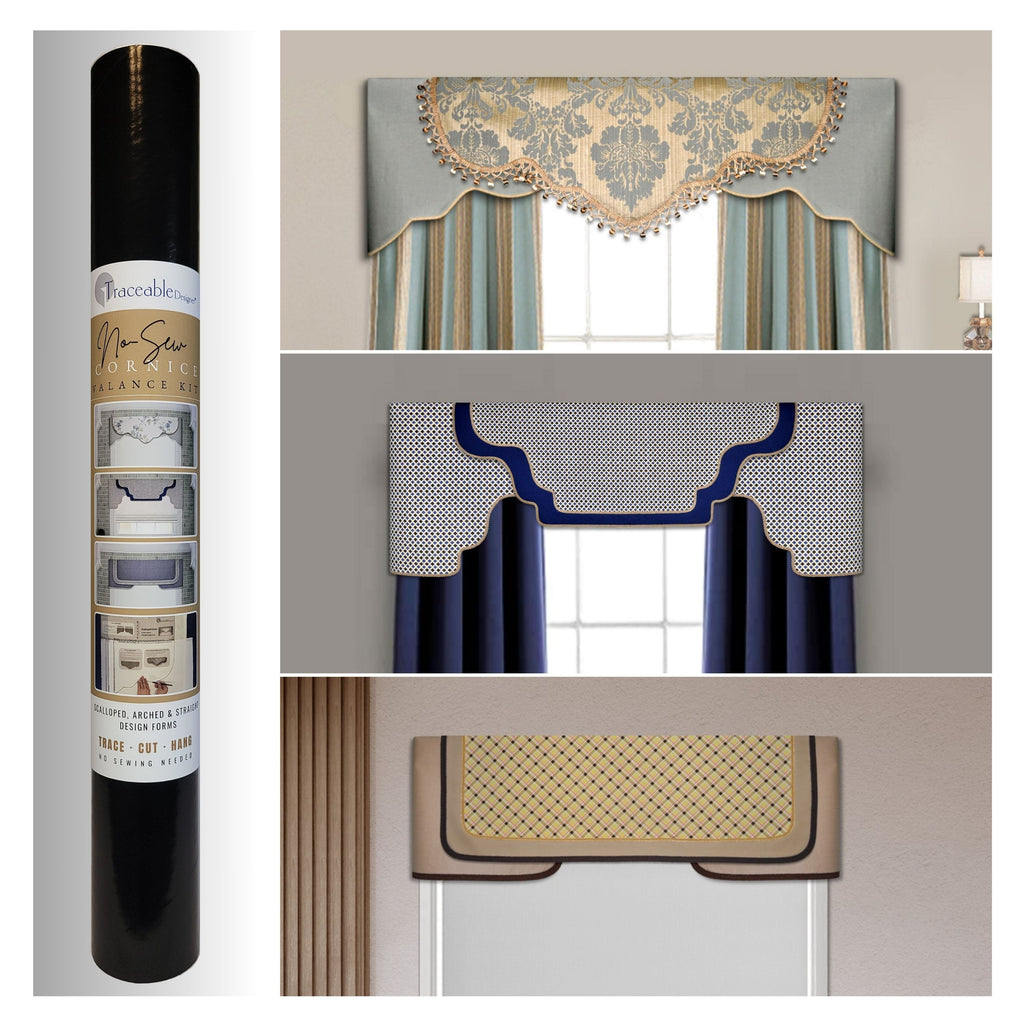 Traceable Designer® multi-style cornice valance kit showing scalloped, arched, and straight cornice valances made with the patented no-sew slide-and-trace and rod-pocket system.