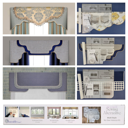 Traceable Designer multi-style no-sew rod pocket valance kit. Lined cornice styles are great for room darkening. Traceable design forms are the perfect sewing alternative for custom window treatments and DIY projects. Use a standard curtain rod. Fit all window sizes. 
