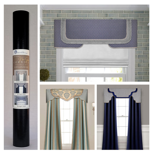 Traceable Designer multi-style no-sew cornice valance kit. Make custom curtains without sewing. Lined panels include a rod pocket for hanging on a curtain rod. Fit all window sizes and styles. Room darkening valance is perfect for traditional, modern, contemporary , farmhouse decor.
