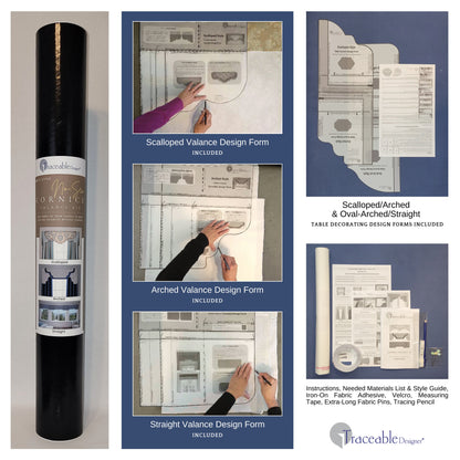 Traceable Designer multi-style no-sew rod pocket valance kit. Lined cornice styles are great for room darkening. Traceable design forms are the perfect sewing alternative for custom window treatments and DIY projects. Use a standard curtain rod. Fit all window sizes. 
