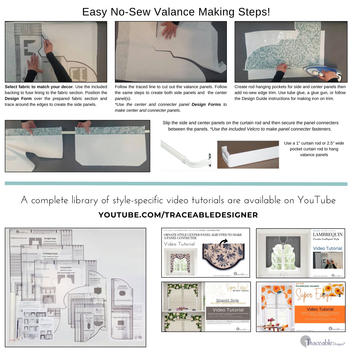 Traceable Designer multi-style lambrequin valance kit. Make custom window treatments without sewing. Lined panels include a rod pocket for hanging on a curtain rod. No wood board or Styrofoam needed. Long style is perfect for room darkening.
