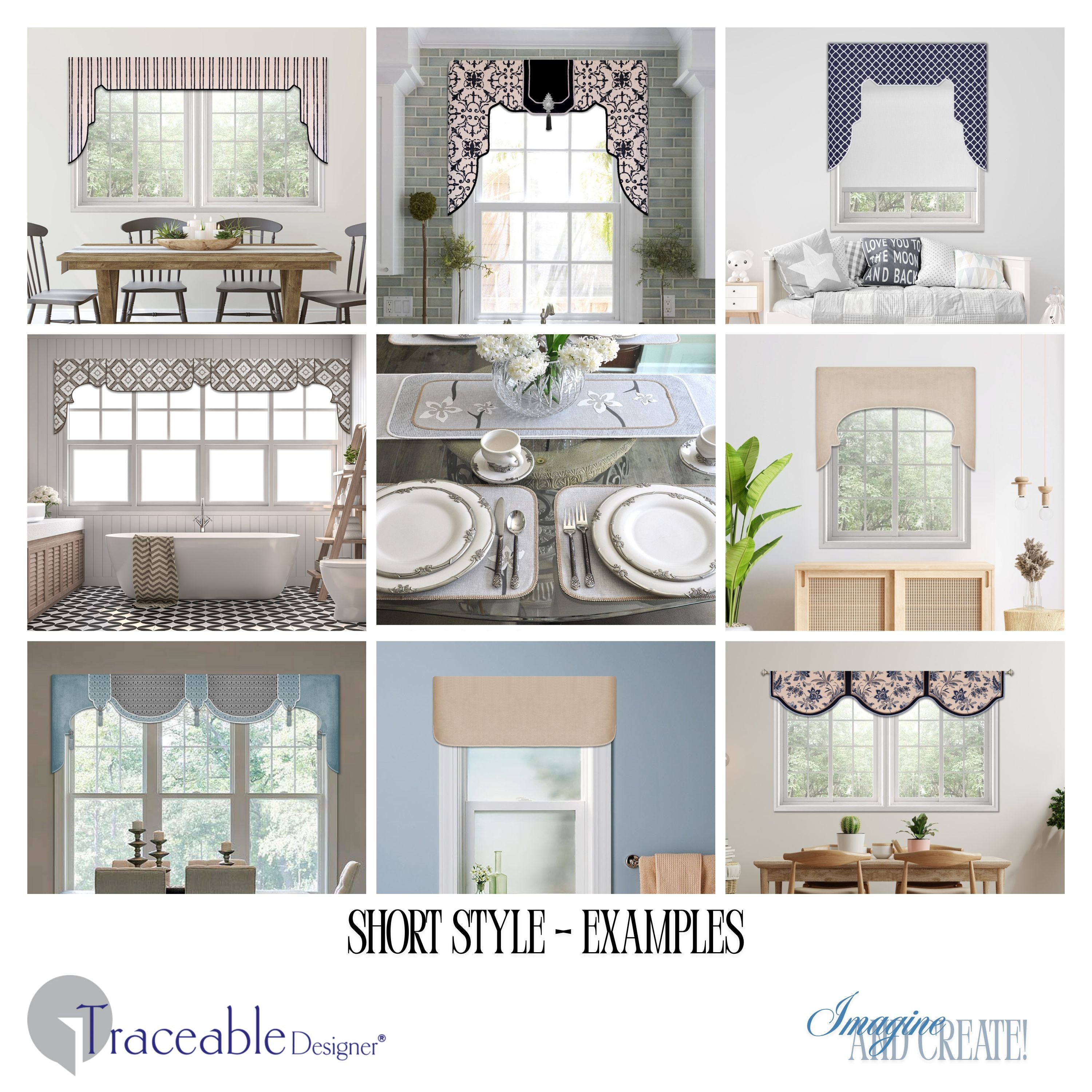 Traceable Designer multi-style lambrequin valance kit. Make custom window treatments without sewing. Lined panels include a rod pocket for hanging on a curtain rod. No wood board or Styrofoam needed. Long style is perfect for room darkening.