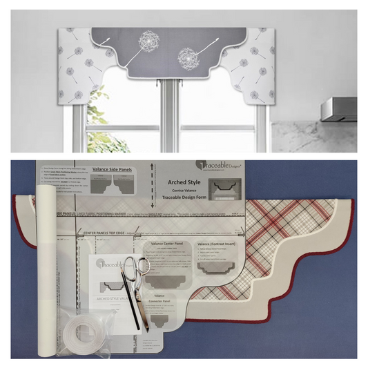 Traceable Designer arched no-sew rod pocket valance kit. Lined cornice styles are great for room darkening. Traceable design forms are the perfect sewing alternative for DIY projects. Use a standard curtain rod. Fit all window sizes. 
