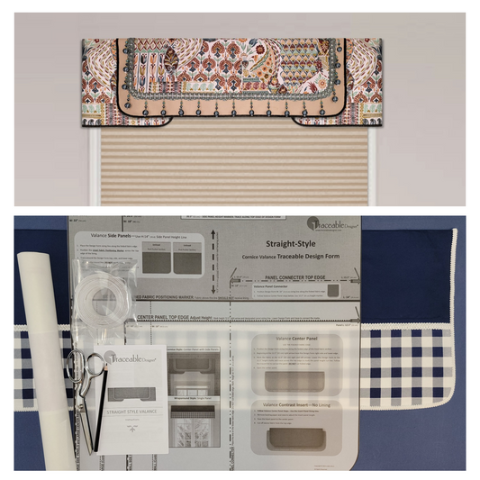 Traceable Designer straight no-sew rod pocket valance kit. Lined Lambrequin cornice styles are great for room darkening. Traceable design forms are the perfect sewing alternative for DIY projects. Use a standard curtain rod. Fit all window sizes.
