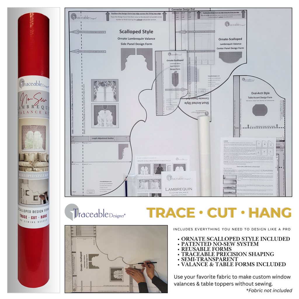 Traceable Designer no-sew scalloped lambrequin cornice valance kit. Make perfectly shaped custom valances without sewing. Lined panels include a patented no-sew rod pocket – hang on a standard curtain rod. Fit all window sizes and styles. Perfect for chic, elegant, & Mediterranean decor.