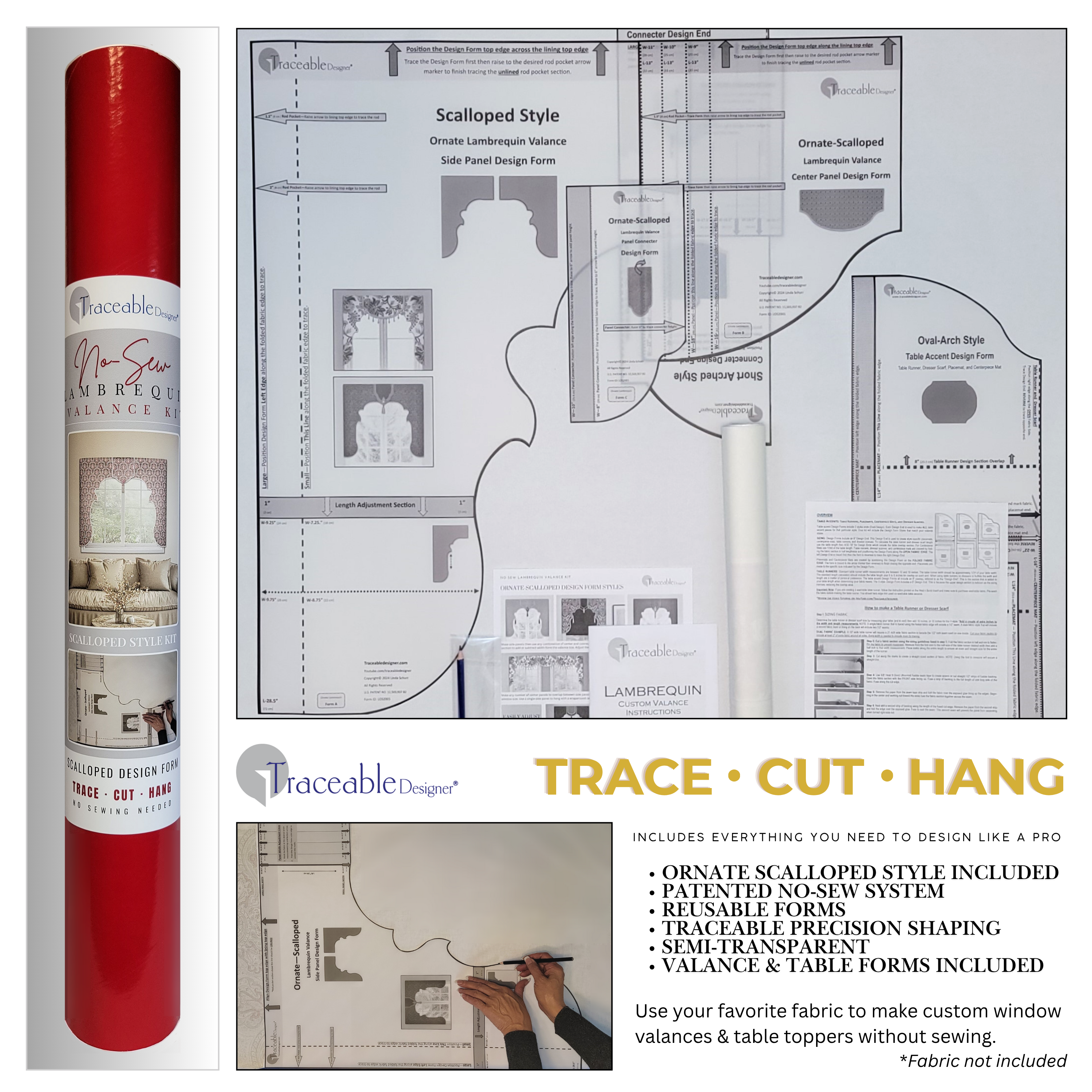 Traceable Designer no-sew scalloped lambrequin cornice valance kit. Make perfectly shaped custom valances without sewing. Lined panels include a patented no-sew rod pocket – hang on a standard curtain rod. Fit all window sizes and styles. Perfect for chic, elegant, & Mediterranean decor.