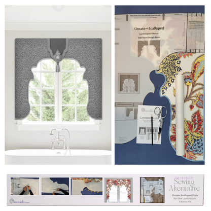 Traceable Designer no-sew scalloped lambrequin cornice valance kit. Make custom valances without sewing. Lined panels include a rod pocket for hanging on a curtain rod. Fit all window sizes and styles. Perfect for chic, elegant, & Mediterranean decor.
