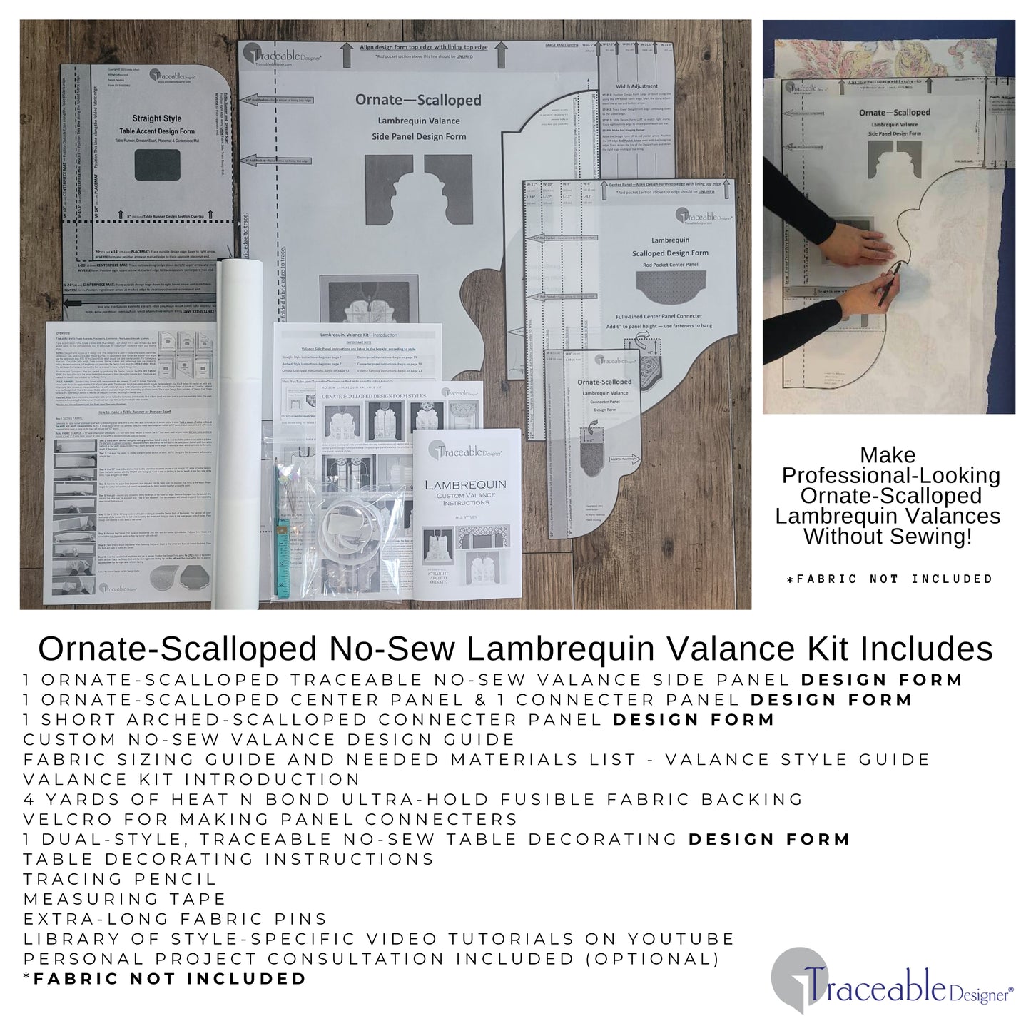 Traceable Designer scalloped style no-sew lambrequin valance kit. Make rod pocket curtains for any room decor. No-sew design forms are the perfect sewing alternative for DIY room darkening window treatments. The perfect window topper for louvered blinds, shades, drapes, curtains.
