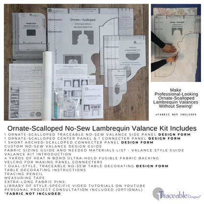 Traceable Designer scalloped style no-sew lambrequin valance kit. Make rod pocket curtains for any room decor. No-sew design forms are the perfect sewing alternative for DIY room darkening window treatments. The perfect window topper for louvered blinds, shades, drapes, curtains.
