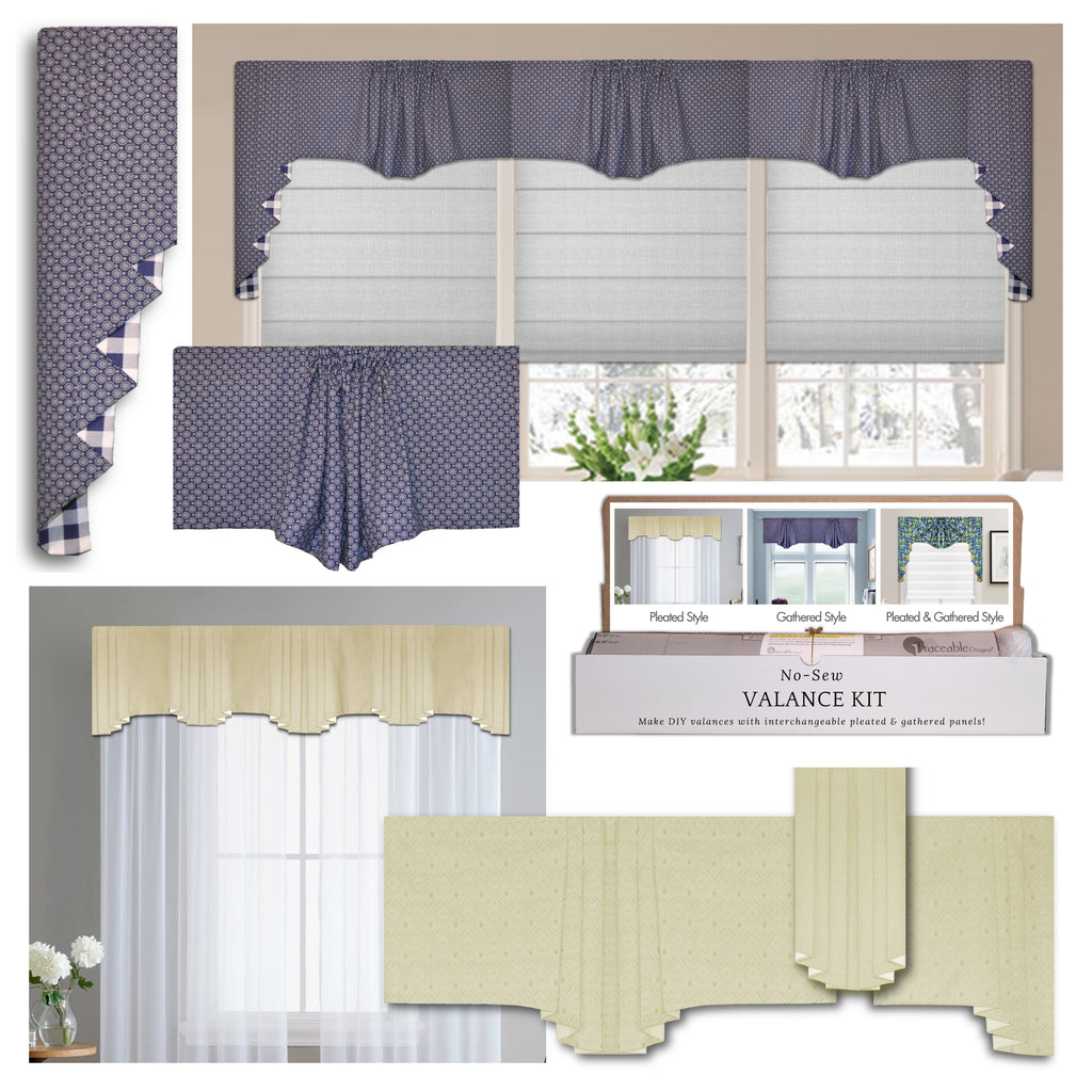 Traceable Designer DIY pleated and gathered swag valance kit includes multiple no-sew swag curtain styles. Reusable for unlimited DIY home decorating!
