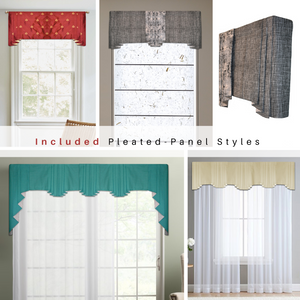 Traceable Designer no-sew pleated and gathered swag curtain valance kit includes unique interchangeable panels to fit any window size. Make custom swag valances without sewing!