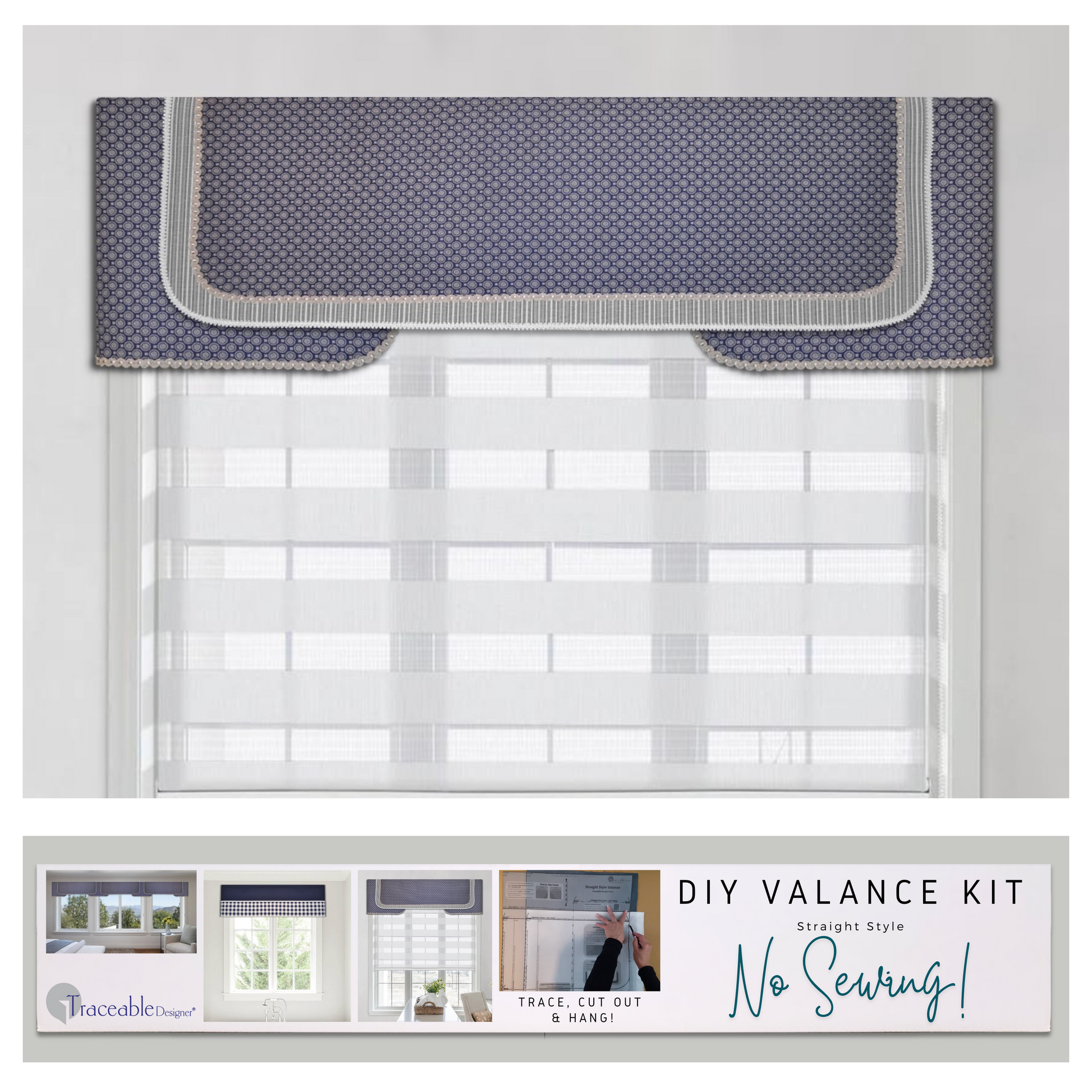 Traceable Designer No-Sew Straight & Layered-Style Cornice Valance & Table Decorating Kit for DIY Home Decorating