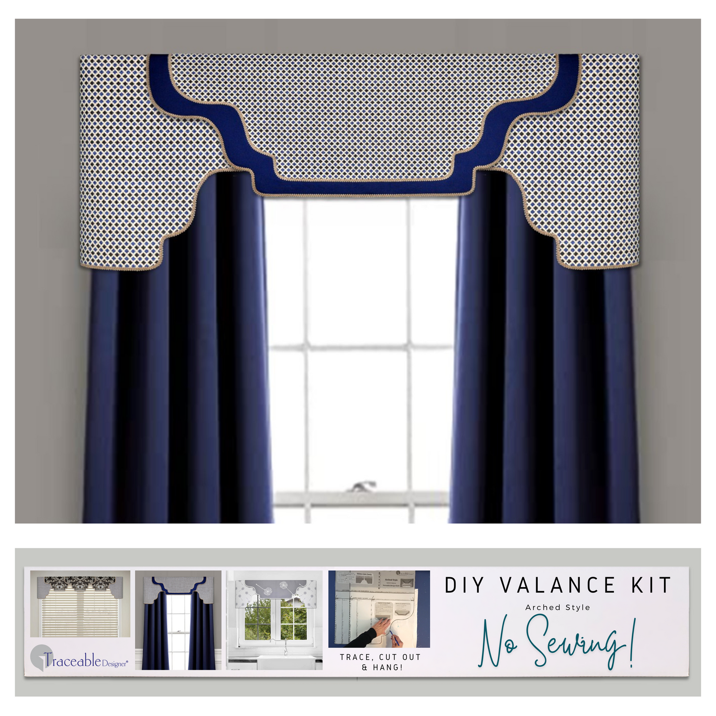Traceable Designer arched style no-sew cornice valance kit inlcudes traceable valance design forms used to make custom valances without sewing. Use a 2.5" wide pocket curtain rod.