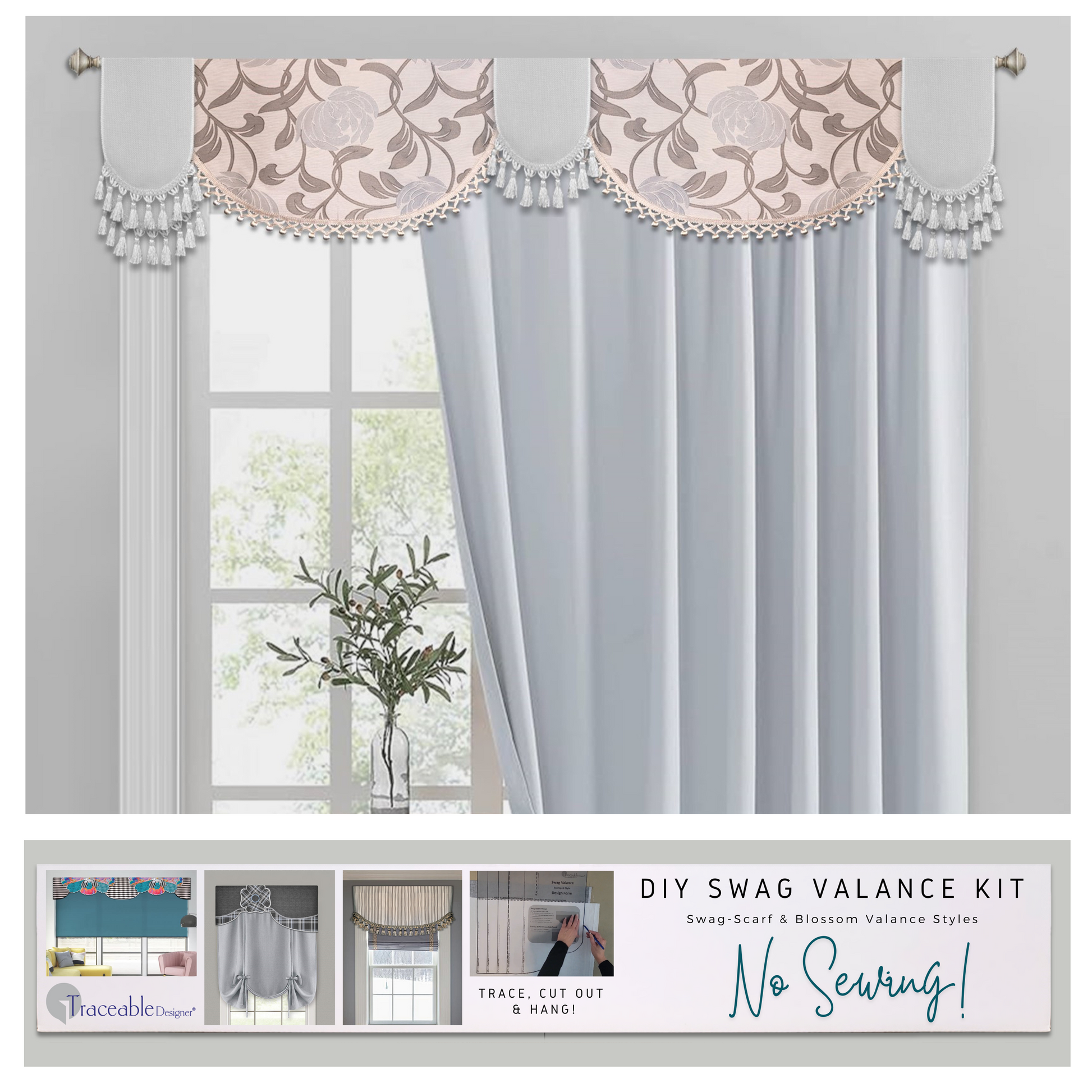 Traceable Designer no-sew swag, scarf & blossom valance kit includes tulip, primrose, wildflower & swag-scarf valance styles. No sewing or DIY experience needed!