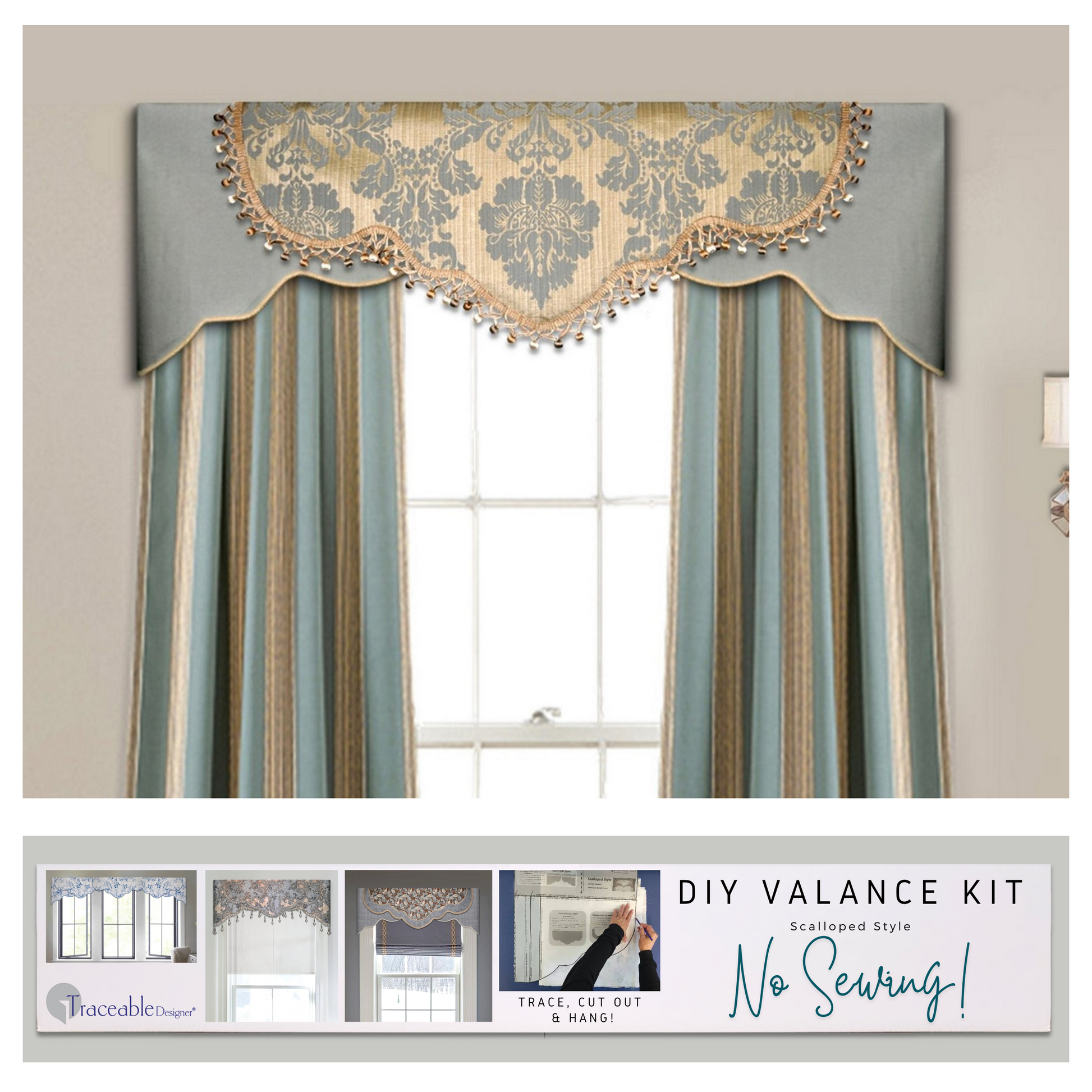 Traceable Designer no-sew scalloped style valance kit for DIY window decorating. Fit all window sizes including bay windows. Hang using a rod pocket. 