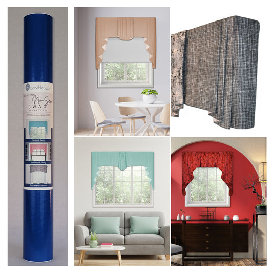 Traceable Designer no-sew pleated and gathered swag valance kit. Make custom long jabots styles, short curtains, and cornice valances without sewing. Lined panels include a rod pocket for hanging on a curtain rod. Fit all window sizes and styles. The ultimate sewing alternative. 