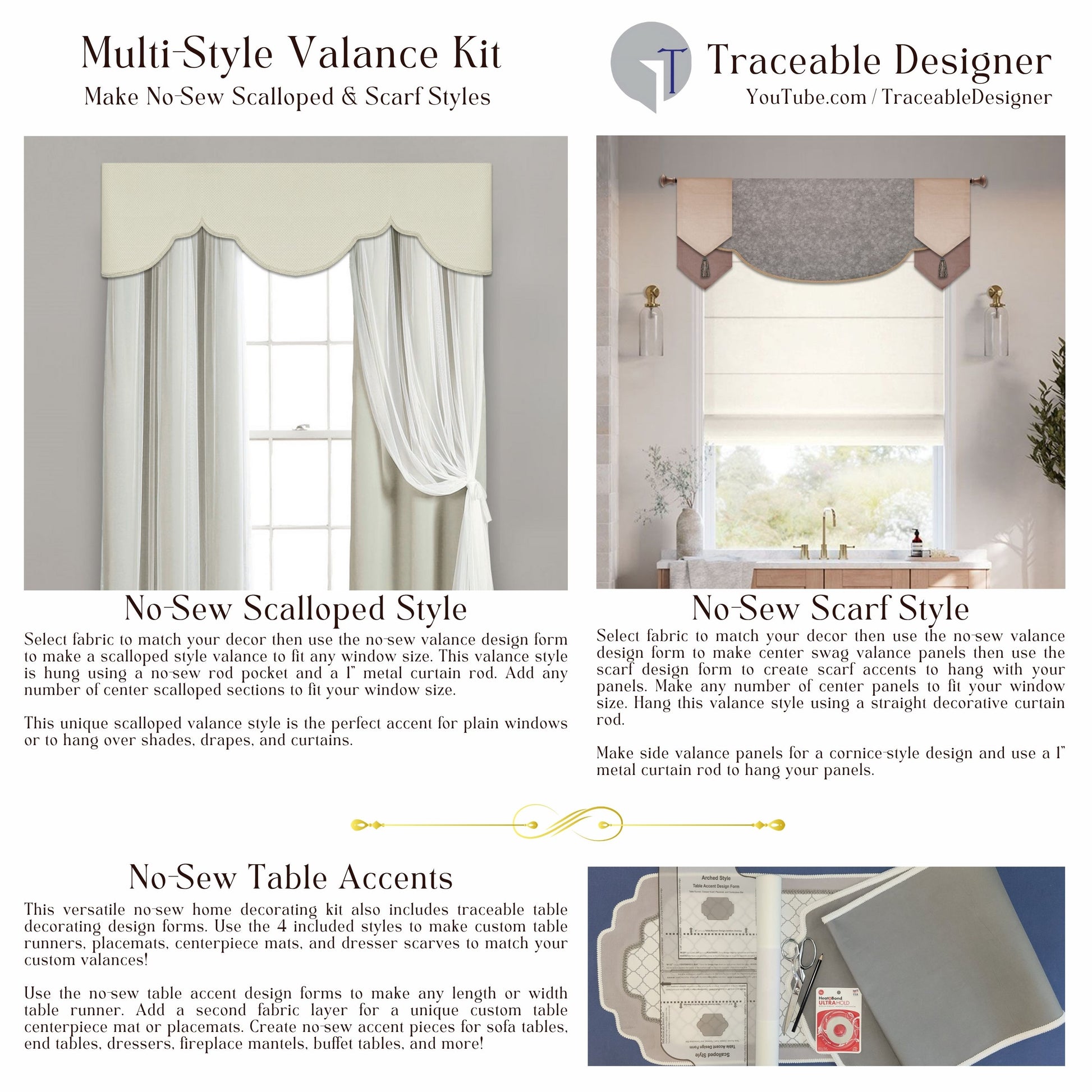 Multi-Style Scalloped & Scarf Valance Kit, Make Custom Window Curtains, No Sewing