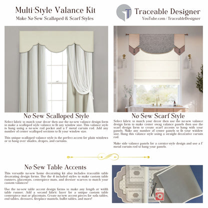 Traceable Designer no-sew scalloped & scarf valance kit for custom window decorating without sewing. Elevate your home with easy no-sew home decor window decorating template patterns. 