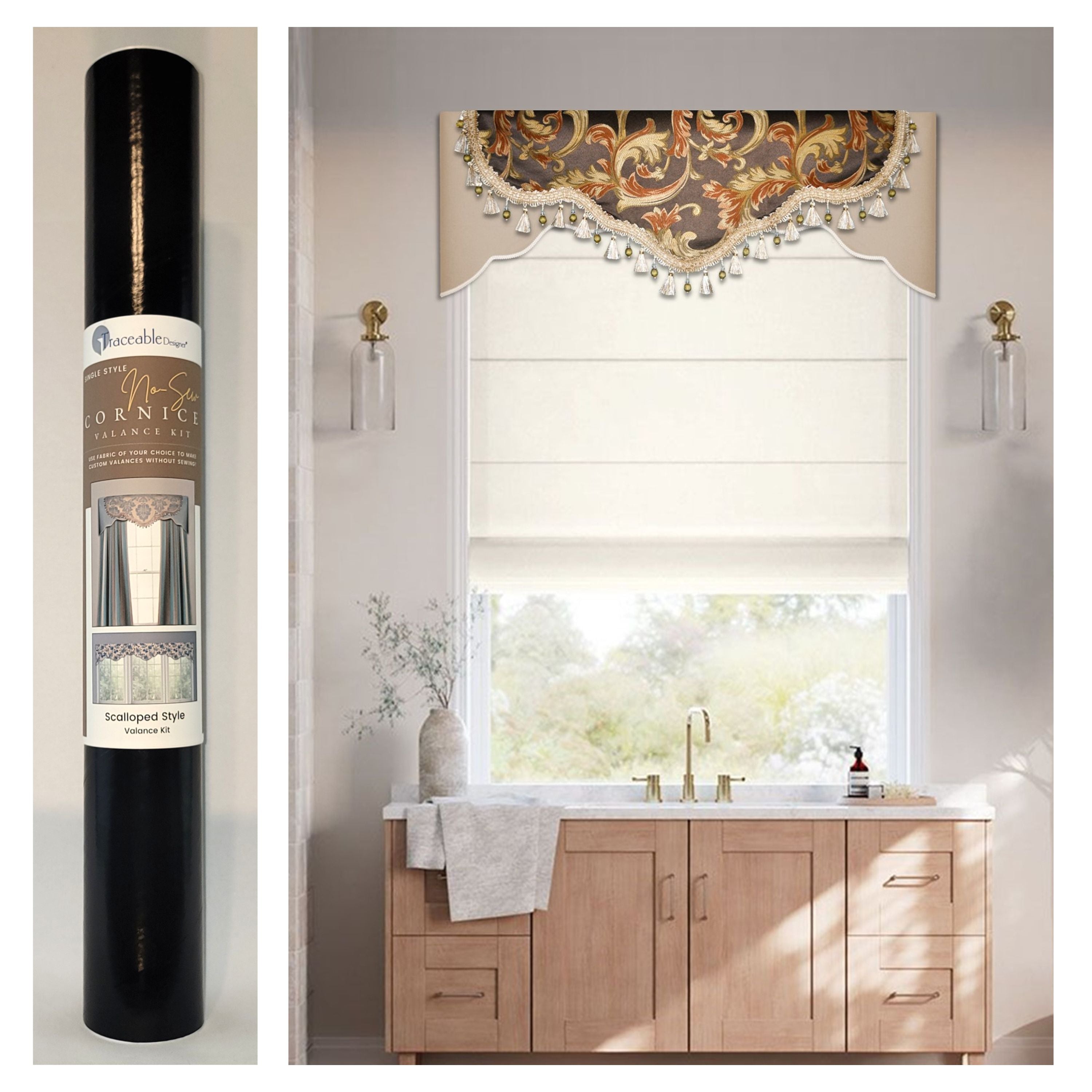 Traceable Designer scalloped style no-sew valance kit. Make rod pocket curtains for kitchen, bedroom, living room. The perfect sewing alternative for DIY custom window projects. Use a standard curtain rod no wood board or Styrofoam base needed.