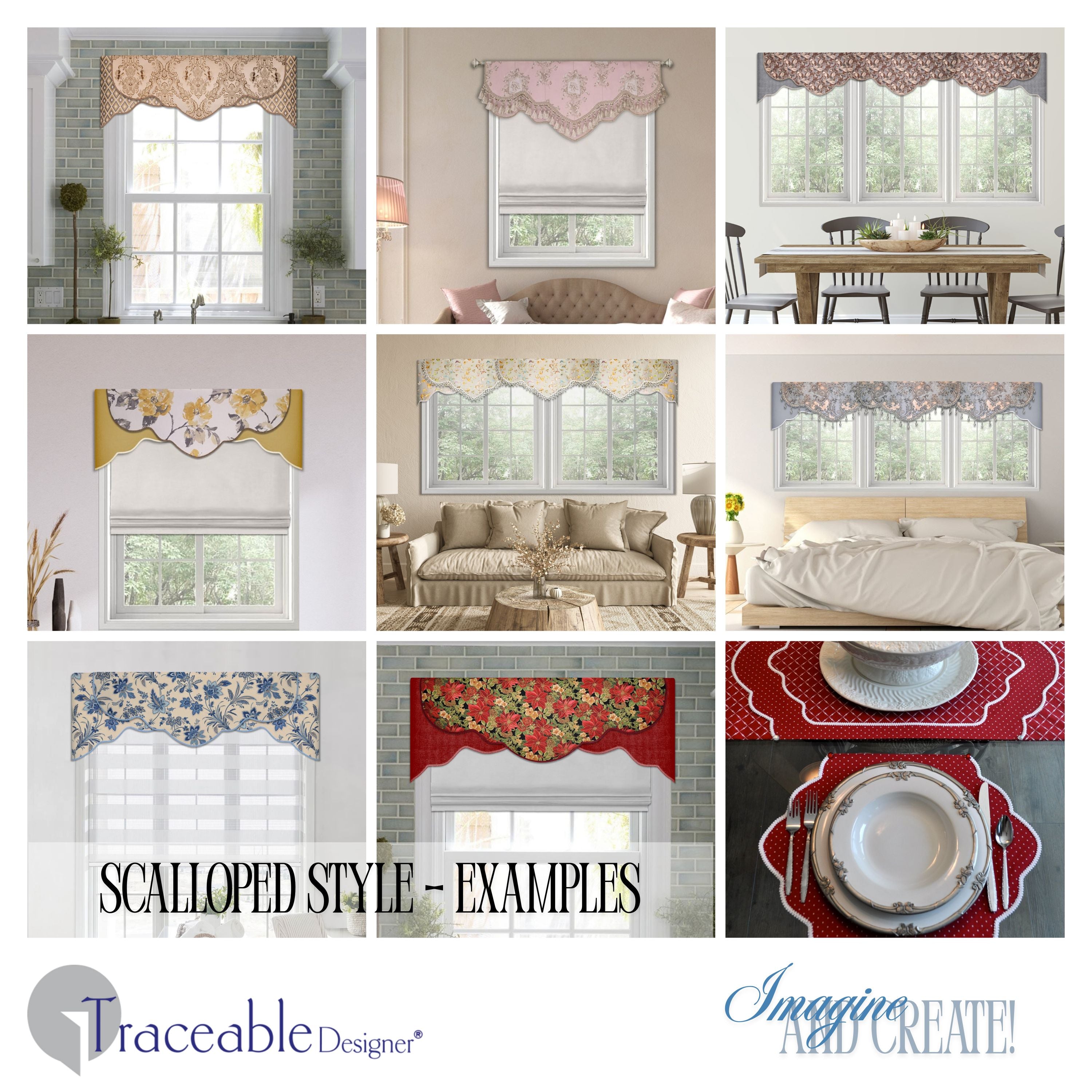 Traceable Designer multi-style no-sew cornice valance kit. Make custom curtains without sewing. Lined panels include a rod pocket for hanging on a curtain rod. Fit all window sizes and styles. Reusable forms for making a variety of scalloped valance styles.