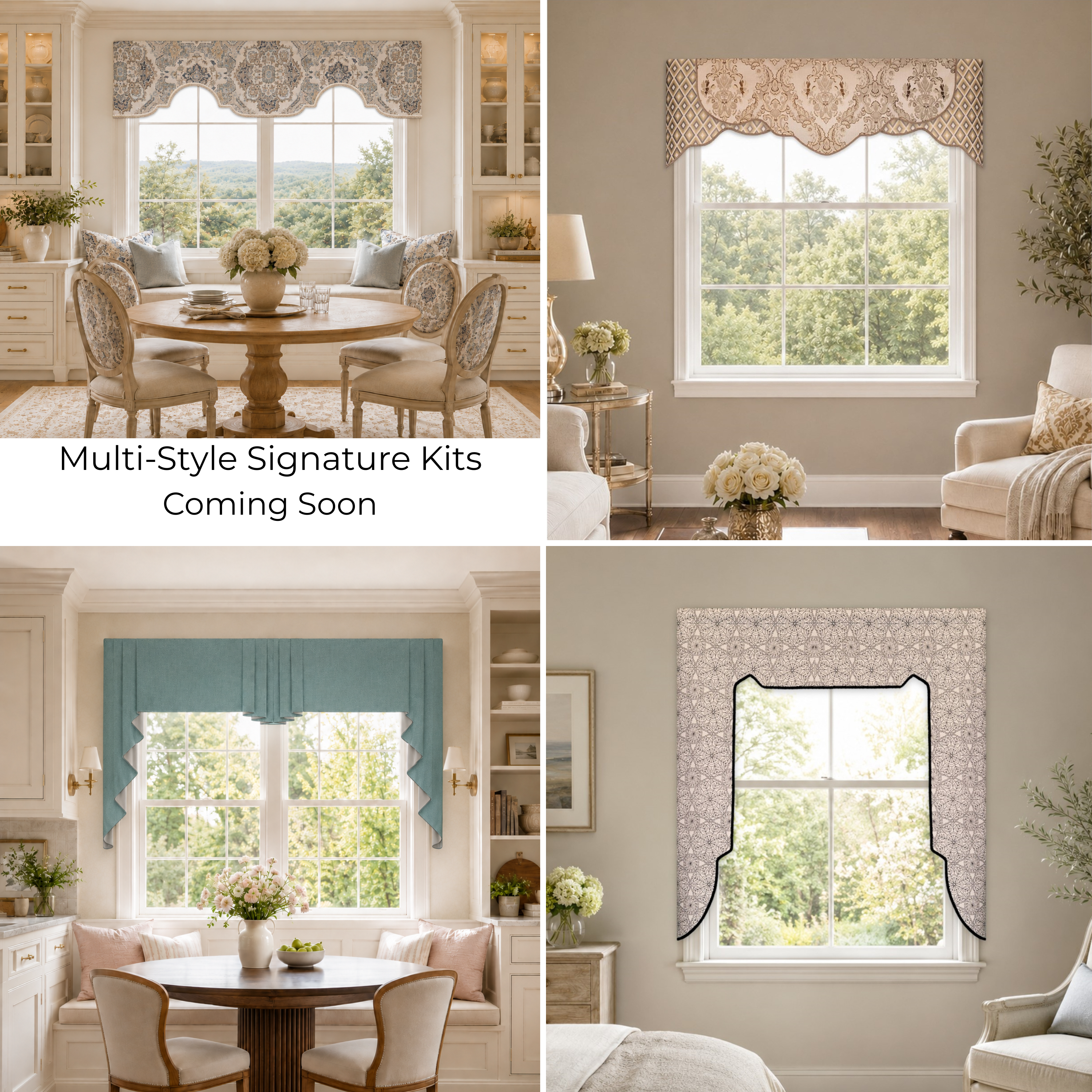 Multi-Style Signature Kits collection showing no-sew custom window valance designs in designer rooms, including crown, scalloped, arched, and straight fabric valance styles.
