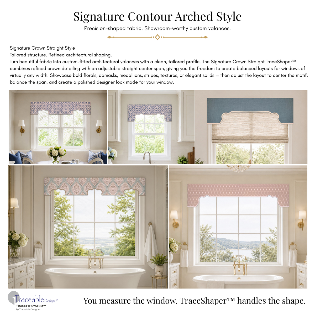 Signature Crown Straight TraceShaper™ style page showing a refined crown-style no-sew window valance with centered architectural shaping and tailored rod-pocket structure.