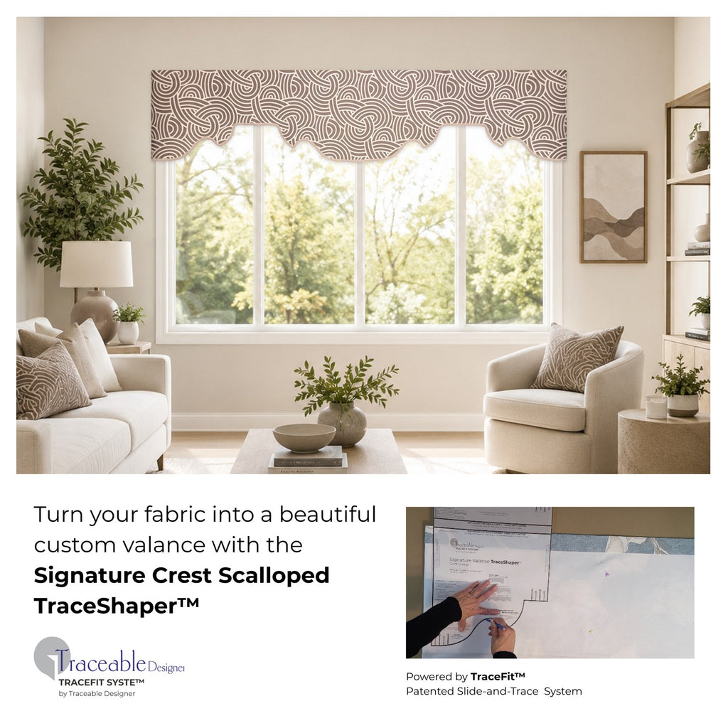 Modern boutique-style custom scalloped valance made with the Signature Crest Scalloped TraceShaper™ form using the customer’s selected fabric.