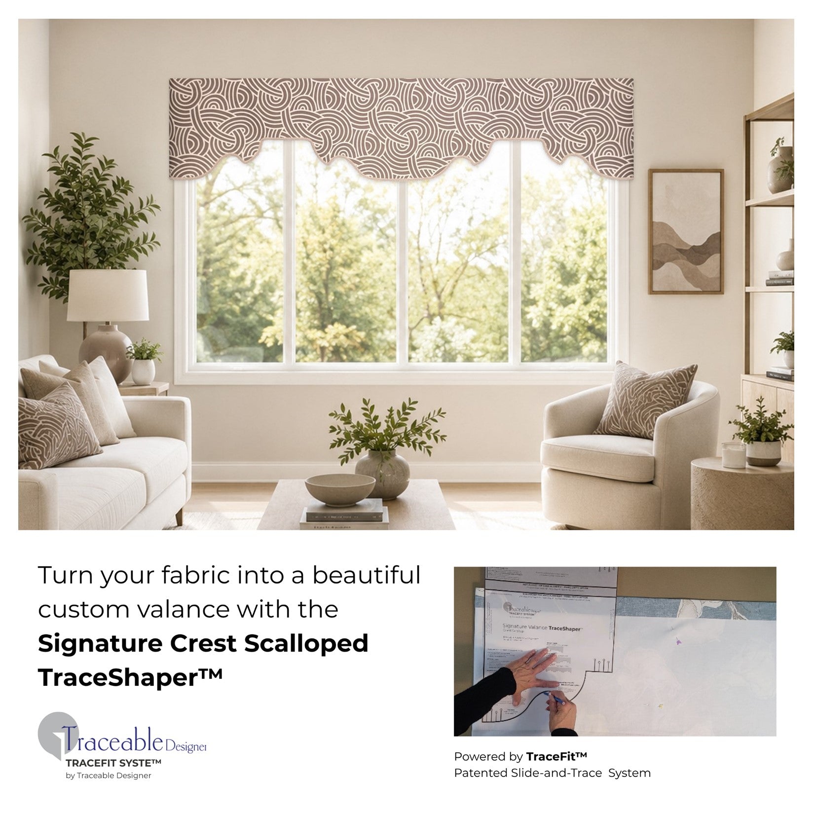 Modern boutique-style custom scalloped valance made with the Signature Crest Scalloped TraceShaper™ form using the customer’s selected fabric.