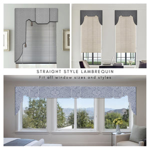 Traceable Designer straight style lambrequin cornice valance kit includes traceable forms used to make custom valances without sewing, just trace, cut out, and hang using a 1" curtain rod!