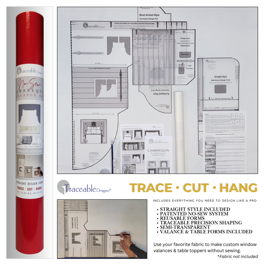 Traceable Designer straight no-sew rod pocket lambrequin valance kit. Lined Lambrequin cornice styles are great for room darkening. Traceable design forms for precision shaping – the perfect sewing alternative for DIY custom window treatments. Use a standard curtain rod. Fit all window sizes.
