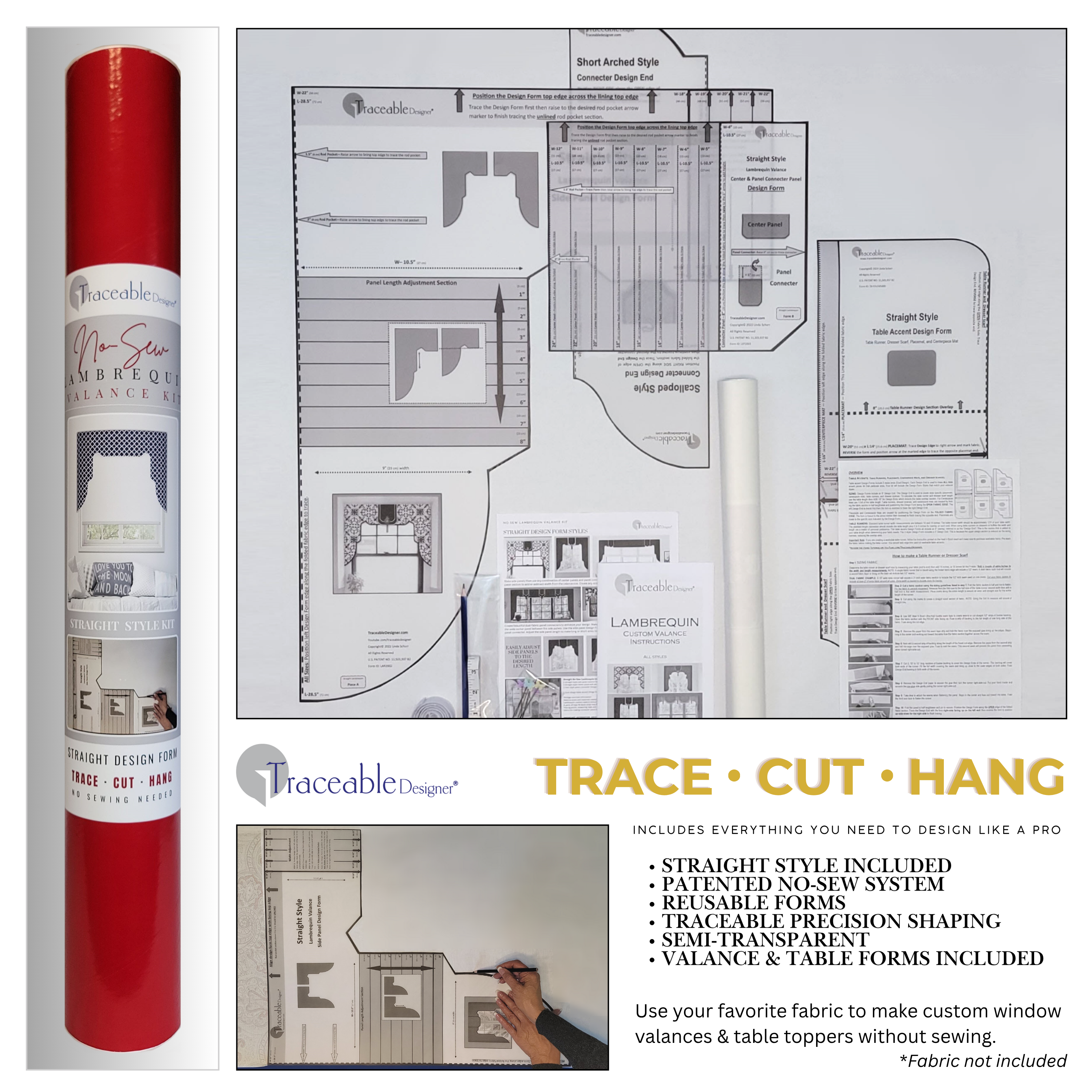 Traceable Designer straight no-sew rod pocket lambrequin valance kit. Lined Lambrequin cornice styles are great for room darkening. Traceable design forms for precision shaping – the perfect sewing alternative for DIY custom window treatments. Use a standard curtain rod. Fit all window sizes.
