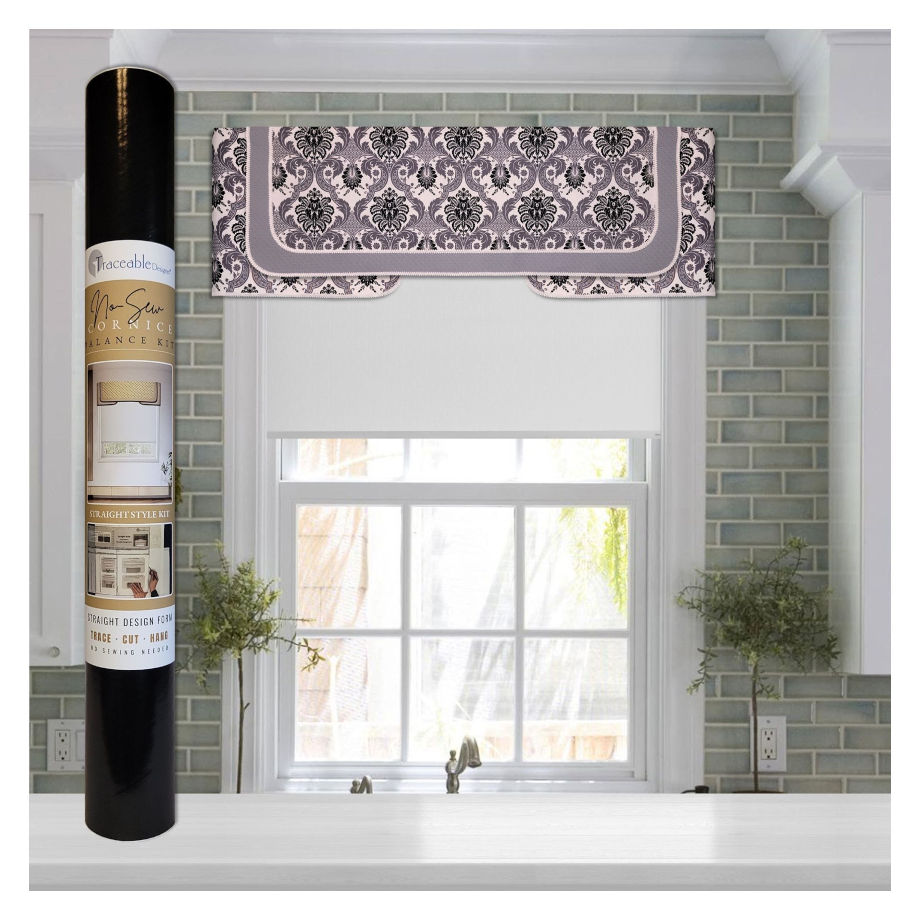 Traceable Designer straight no-sew rod pocket valance kit. Lined cornice styles are great for over shades and curtains. Traceable design forms are the perfect sewing alternative for DIY projects. Use a standard curtain rod. Fit all window sizes.