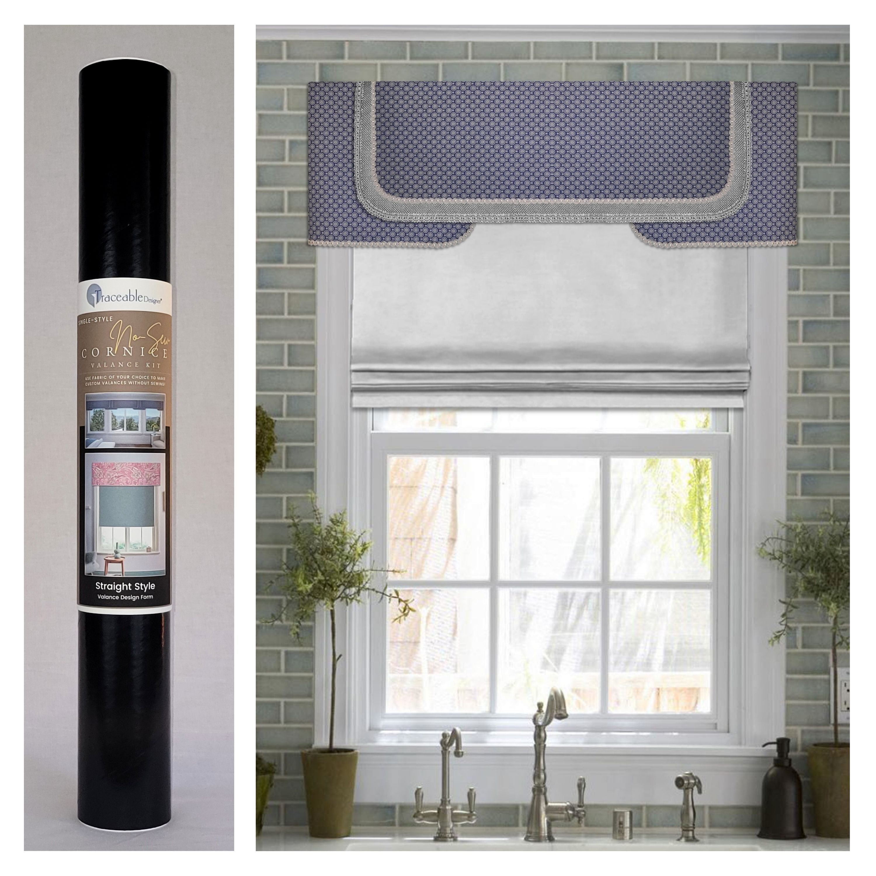 Traceable Designer straight no-sew rod pocket valance kit. Lined Lambrequin cornice styles are great for room darkening. Traceable design forms are the perfect sewing alternative for DIY projects. Use a standard curtain rod. Fit all window sizes.
