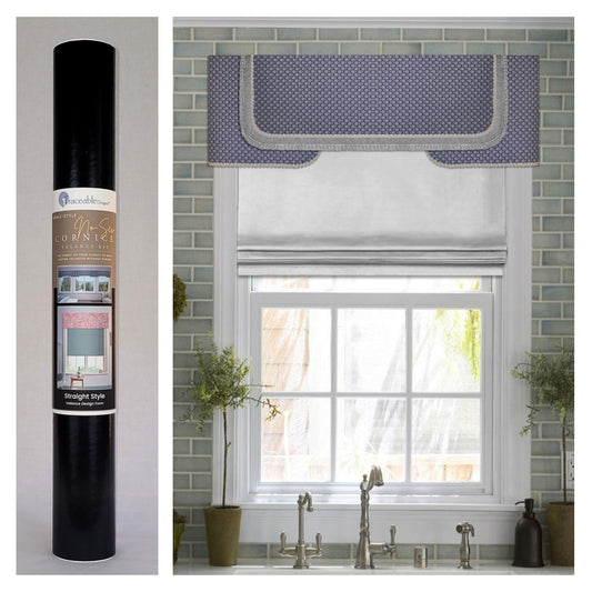 Traceable Designer straight no-sew rod pocket valance kit. Lined Lambrequin cornice styles are great for room darkening. Traceable design forms are the perfect sewing alternative for DIY projects. Use a standard curtain rod. Fit all window sizes.
