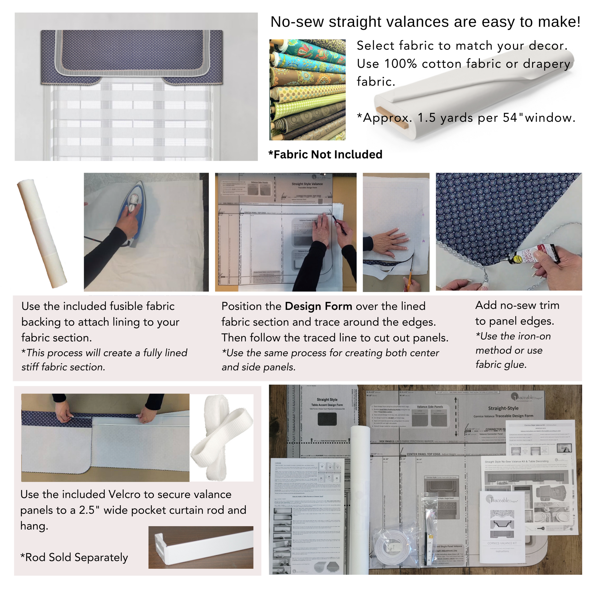 Straight Cornice Kit, Custom Valance, Sewing Alternative, Room Darkening, Rod Pocket