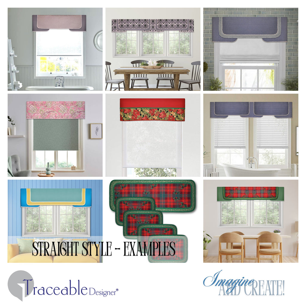 Traceable Designer straight no-sew cornice valance valance kit. Patented traceable form for porecision shaping without sewing. Traceable design forms are the perfect sewing alternative for DIY projects. Use a standard curtain rod. Fit all window sizes.
