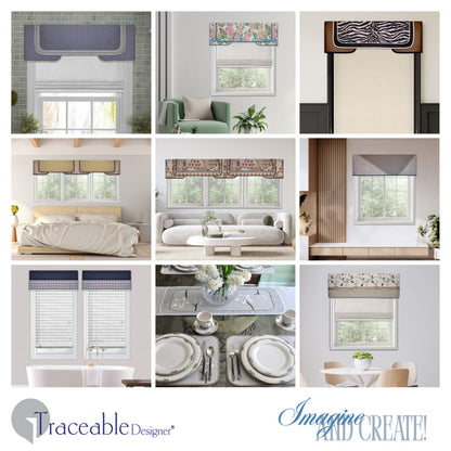 Traceable Designer straight no-sew rod pocket valance kit. Lined Lambrequin cornice styles are great for room darkening. Traceable design forms are the perfect sewing alternative for DIY projects. Use a standard curtain rod. Fit all window sizes.
