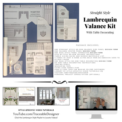 Traceable Designer straight no-sew lambrequin valance kit includes traceable valance forms used to make custom valances without sewing. Lined Lambrequin cornice styles are great for room darkening. Traceable design forms are the perfect sewing alternative for DIY custom window treatments. Use a standard curtain rod. Fit all window sizes.
