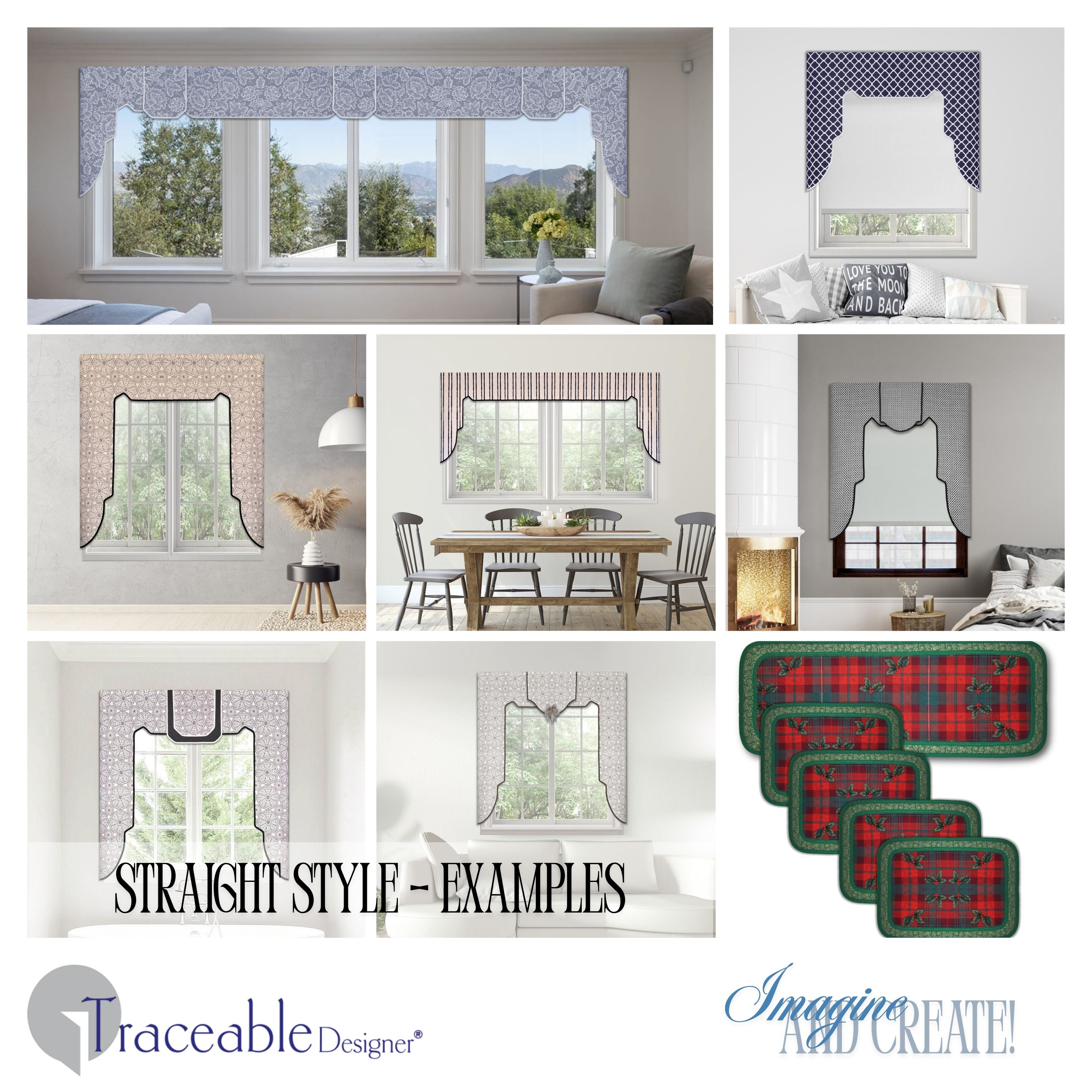 Traceable Designer straight no-sew rod pocket lambrequin valance kit. Lined Lambrequin cornice styles are great for room darkening. Traceable design forms are the perfect sewing alternative for DIY custom window treatments. Use a standard curtain rod. Fit all window sizes.
