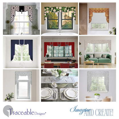 Traceable Designer straight no-sew rod pocket lambrequin valance kit. Lined Lambrequin cornice styles are great for room darkening. Traceable design forms are the perfect sewing alternative for DIY custom window treatments. Use a standard curtain rod. Fit all window sizes.
