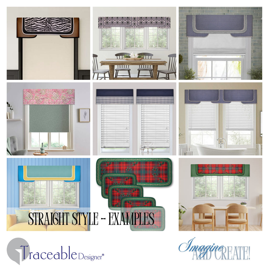 Traceable Designer multi-style no-sew cornice valance kit. Make custom curtains without sewing. Lined panels include a rod pocket for hanging on a curtain rod. Fit all window sizes and styles. Reusable forms for making a variety of straight valance styles.